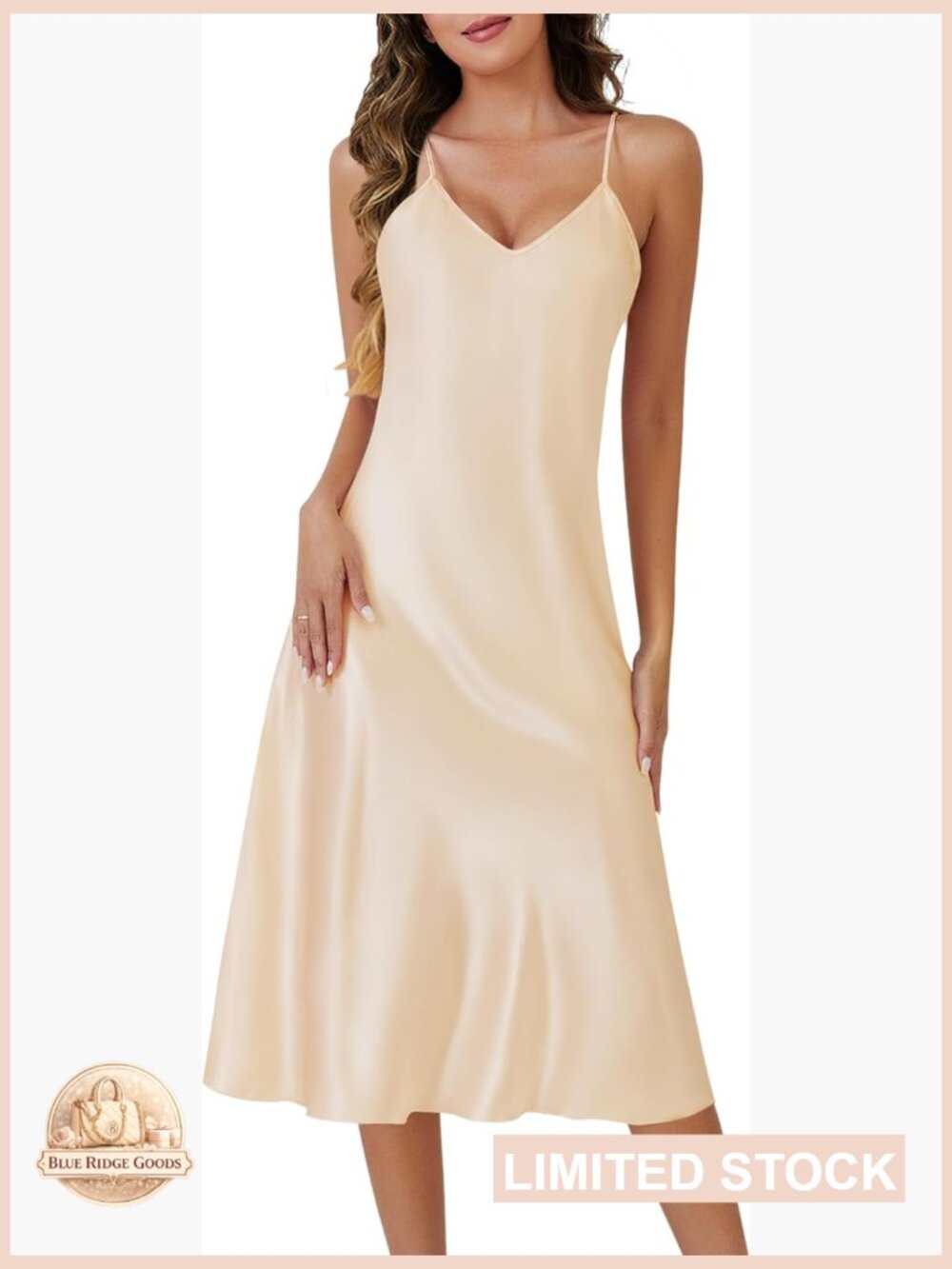 Satin Chemise Nightie Adjustable Spaghetti Straps Deep V-Neck Ruffle Hem Elegant